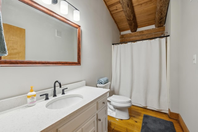 full bath featuring visible vents, wood ceiling, beam ceiling, vanity, and wood finished floors