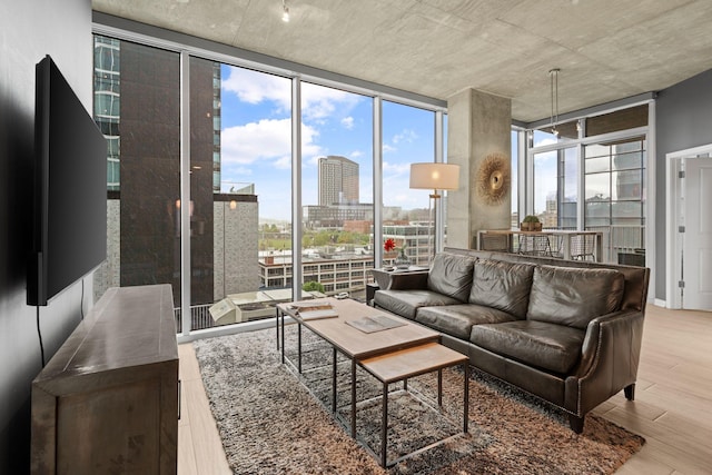 living area featuring wood finished floors, a view of city, and a wall of windows