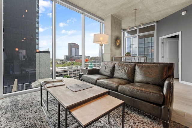 living area featuring floor to ceiling windows, wood finished floors, and a healthy amount of sunlight