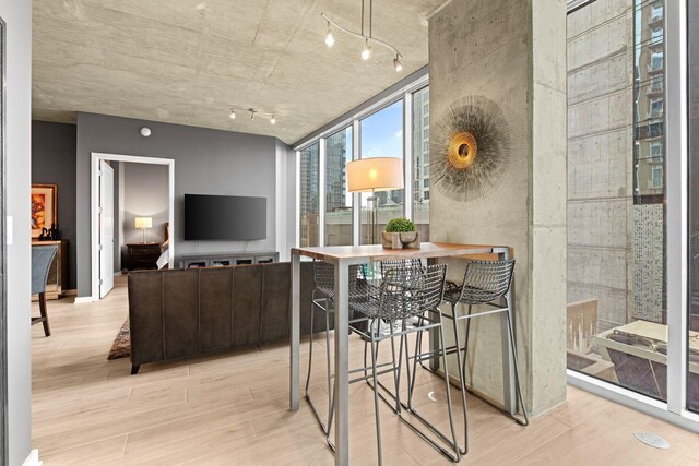 dining area featuring wood finished floors, baseboards, rail lighting, and expansive windows