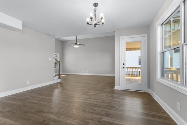 50 Gratton Ests, Clarksville, TN 37043 - unfurnished dining area featuring a chandelier, a ceiling fan, dark wood-style floors, and baseboards