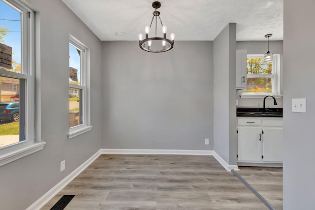 4817 Terragon Trl, Antioch, TN 37013 - unfurnished dining area featuring a textured ceiling, a sink, light wood-type flooring, visible vents, and a notable chandelier
