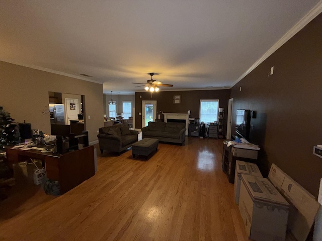 2256 Ellington Gait Dr, Clarksville, TN 37043 - living area with wood finished floors, ceiling fan, plenty of natural light, ornamental molding, and a fireplace
