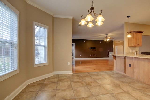 2256 Ellington Gait Dr, Clarksville, TN 37043 - kitchen with ceiling fan, plenty of natural light, crown molding, light stone counters, and light brown cabinets
