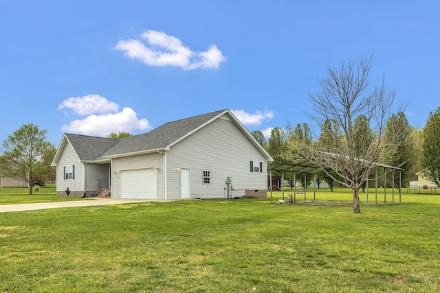view of side of home featuring a lawn, driveway, an attached garage, and crawl space