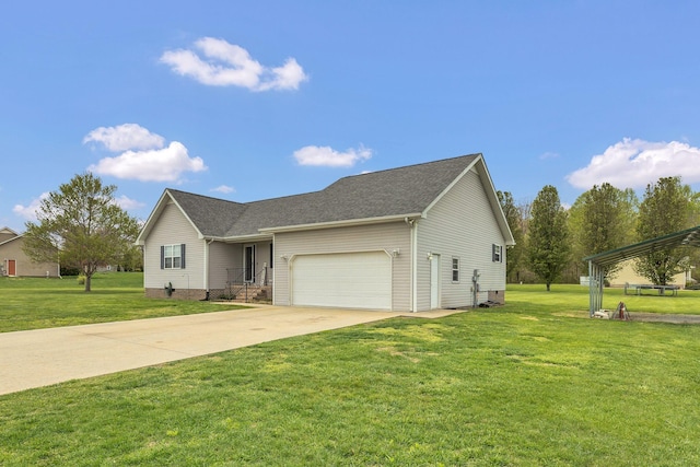 ranch-style home with driveway, an attached garage, and a front lawn