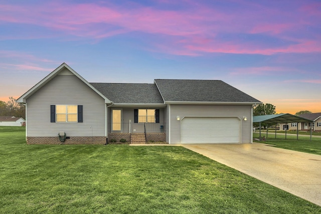 view of front of home with a shingled roof, a yard, covered porch, a garage, and concrete driveway