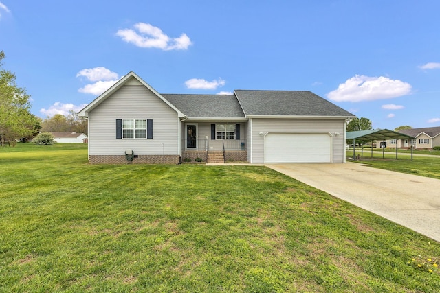 single story home with a front yard, a shingled roof, a porch, a garage, and concrete driveway