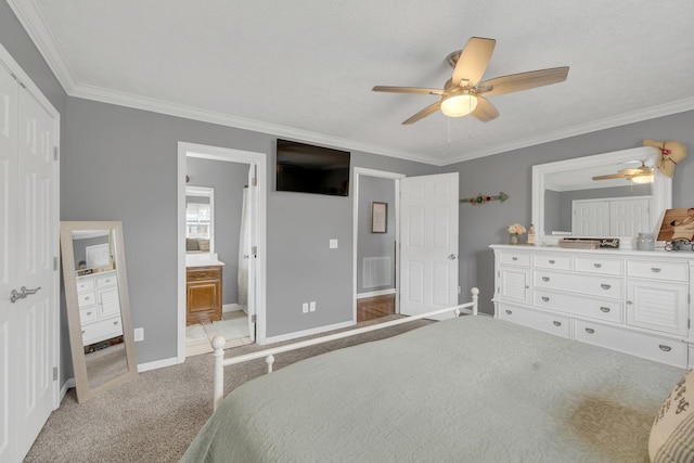 bedroom with visible vents, baseboards, ornamental molding, a ceiling fan, and light colored carpet