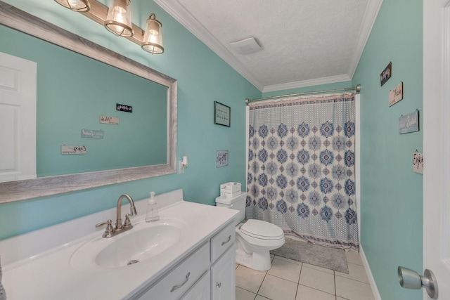 bathroom featuring toilet, a textured ceiling, crown molding, vanity, and tile patterned floors