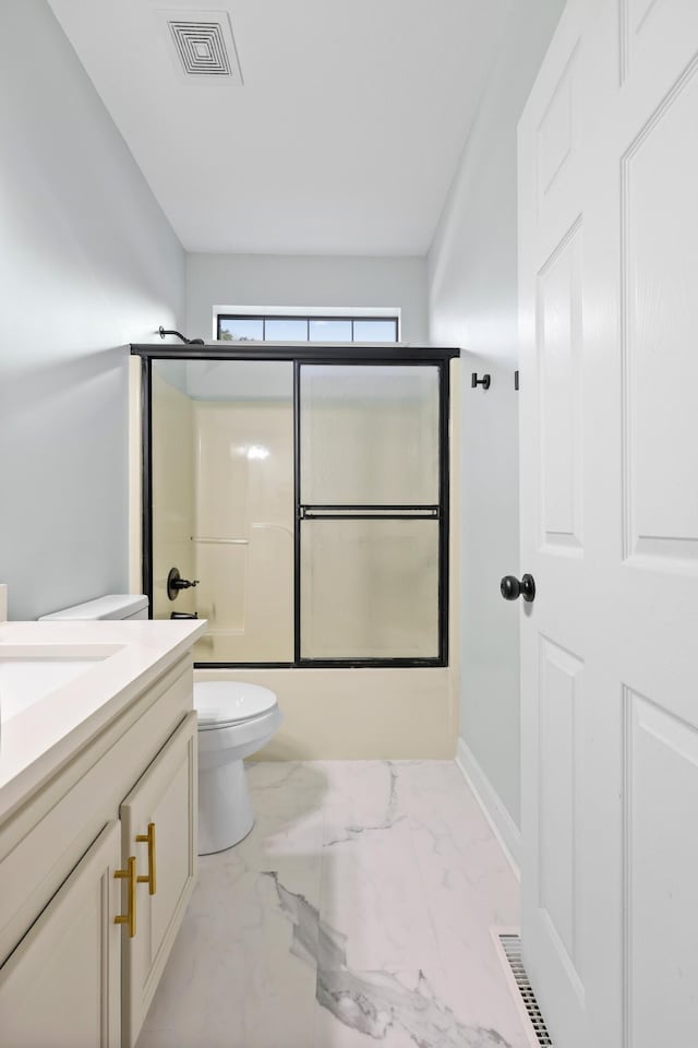 9401 Lazy Circles Dr, Ooltewah, TN 37363 - bathroom with vanity, toilet, shower / bath combination with glass door, marble look tiles, and baseboards