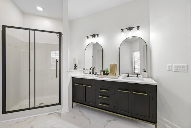9401 Lazy Circles Dr, Ooltewah, TN 37363 - full bathroom featuring marble look tile flooring, a shower stall, double vanity, and baseboards