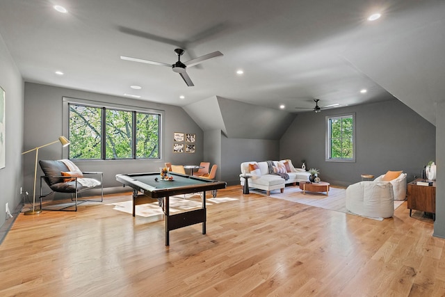 playroom with light wood-type flooring, recessed lighting, and ceiling fan