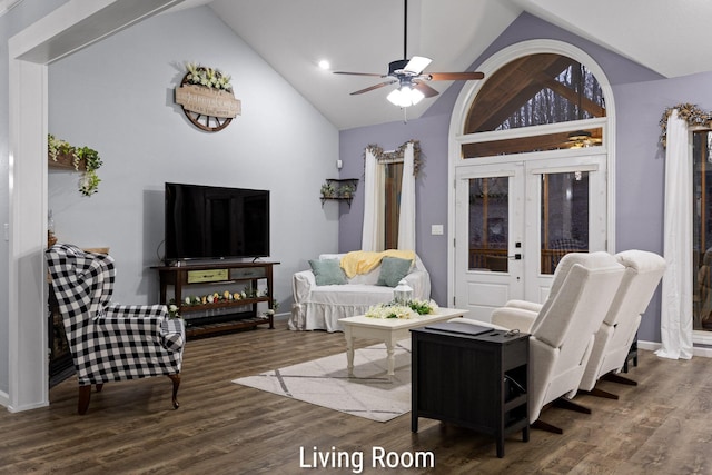 living room with high vaulted ceiling, baseboards, wood finished floors, and ceiling fan