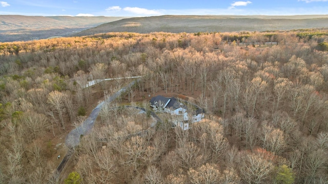 drone / aerial view featuring a forest view and a mountain view