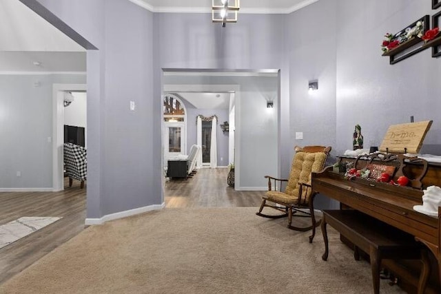 interior space with ornamental molding, baseboards, a high ceiling, and wood finished floors
