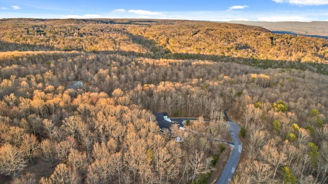 drone / aerial view featuring a wooded view