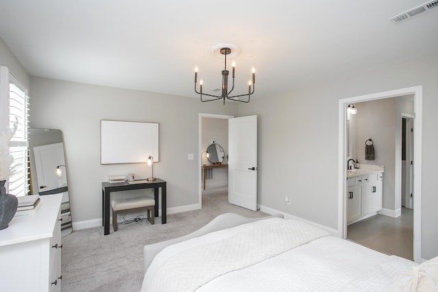 bedroom featuring a sink, light colored carpet, baseboards, a notable chandelier, and visible vents