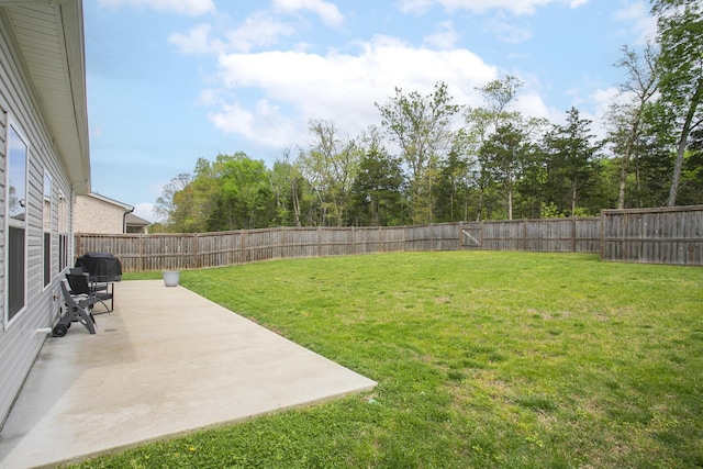 view of yard with a fenced backyard and a patio