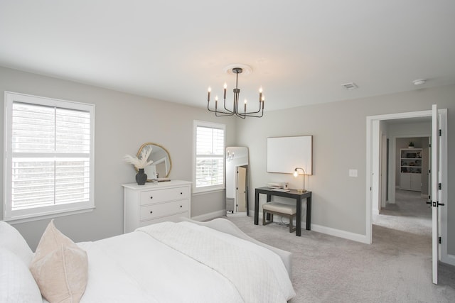 bedroom featuring visible vents, light carpet, baseboards, and a notable chandelier