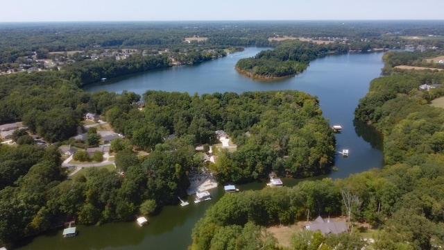 drone / aerial view with a wooded view and a water view