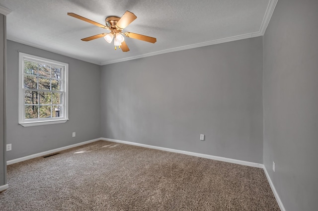1425 Wesley Rd, Bon Aqua, TN 37025 - carpeted empty room featuring visible vents, baseboards, ornamental molding, ceiling fan, and a textured ceiling