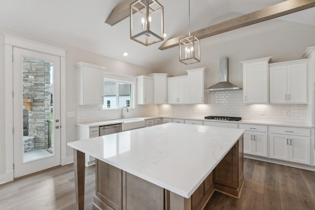 7930 Pine St, Fairview, TN 37062 - kitchen featuring dark wood-style flooring, dishwasher, wall chimney exhaust hood, and vaulted ceiling