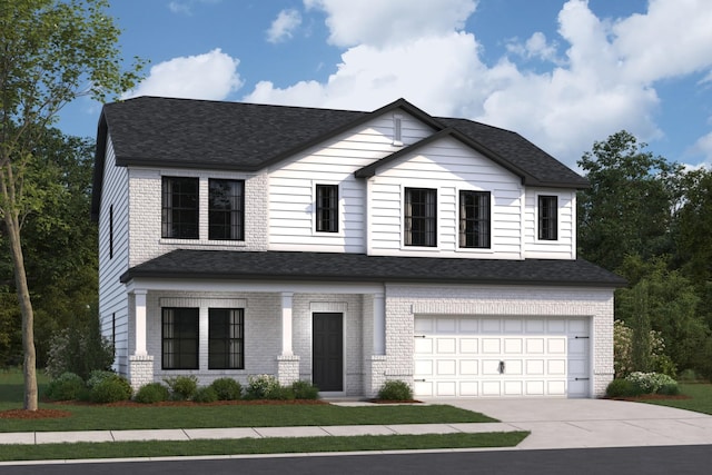 view of front of house featuring an attached garage, a shingled roof, and brick siding