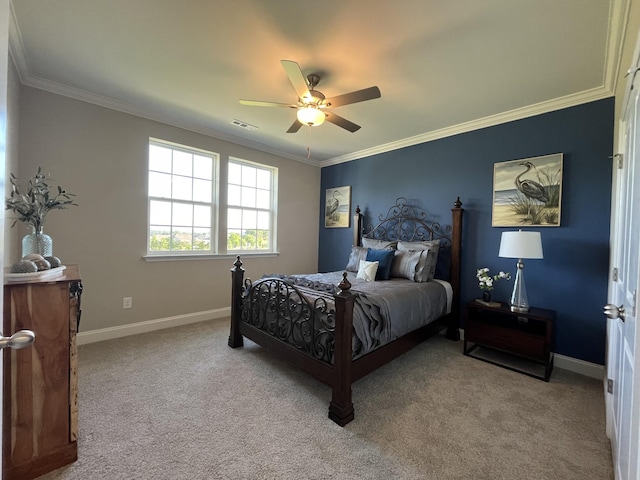 bedroom featuring carpet, ornamental molding, and visible vents