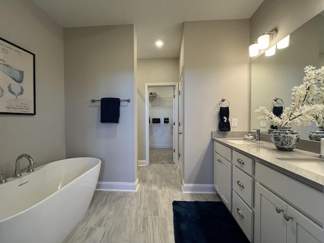 bathroom with a freestanding tub, a sink, a spacious closet, and baseboards