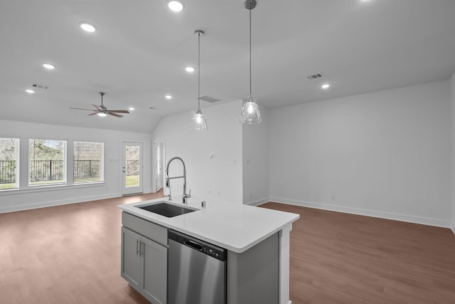kitchen featuring stainless steel dishwasher, open floor plan, a sink, and visible vents