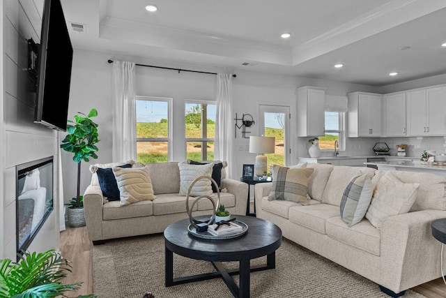 living area featuring a tray ceiling, light wood-type flooring, recessed lighting, and visible vents