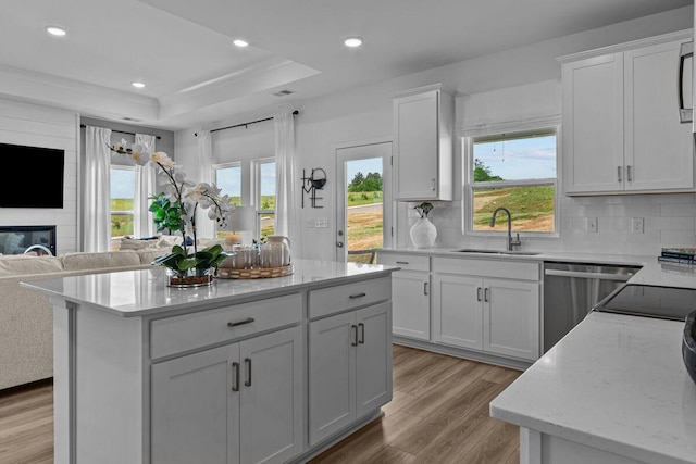 kitchen with dishwasher, a sink, open floor plan, light wood-style floors, and white cabinetry
