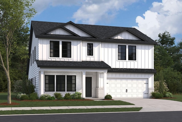 modern farmhouse style home featuring concrete driveway, roof with shingles, board and batten siding, and an attached garage