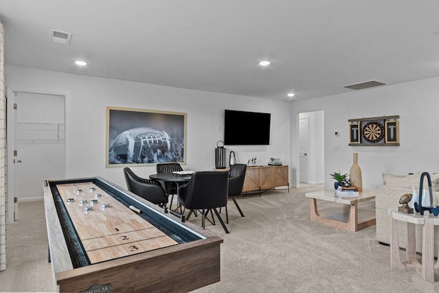 game room with recessed lighting, carpet flooring, visible vents, and baseboards
