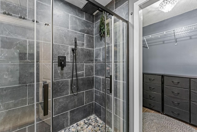 bathroom featuring a walk in closet and a shower stall