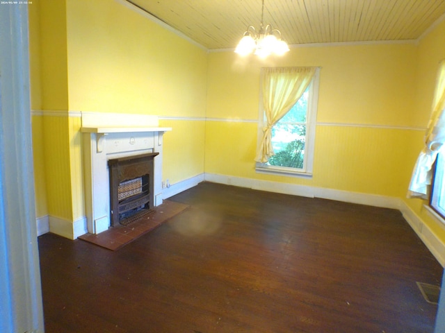 201 Hodges St N, Cowan, TN 37318 - unfurnished living room with dark wood-type flooring, a fireplace, wood ceiling, a chandelier, and healthy amount of natural light