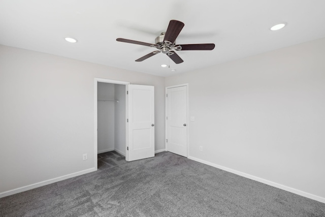 unfurnished bedroom featuring a closet, baseboards, ceiling fan, recessed lighting, and carpet flooring