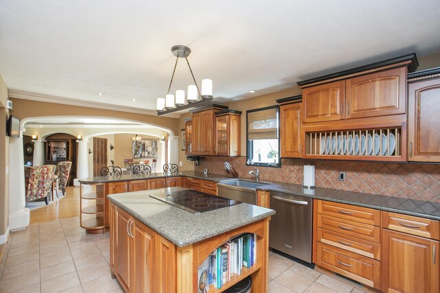 1035 Forest Harbor Dr, Hendersonville, TN 37075 - kitchen with stainless steel dishwasher, decorative columns, light tile patterned floors, arched walkways, and a sink