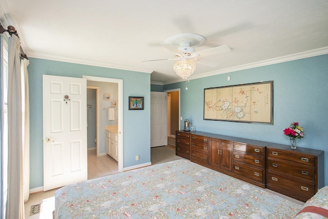 1035 Forest Harbor Dr, Hendersonville, TN 37075 - bedroom with a ceiling fan, baseboards, ornamental molding, and connected bathroom