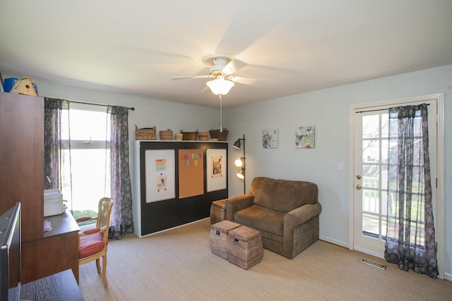1035 Forest Harbor Dr, Hendersonville, TN 37075 - sitting room with visible vents, a ceiling fan, and carpet floors