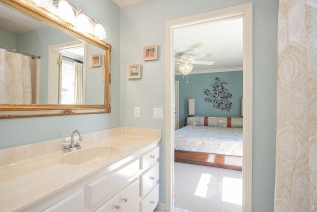 1035 Forest Harbor Dr, Hendersonville, TN 37075 - ensuite bathroom featuring vanity, ornamental molding, a ceiling fan, and connected bathroom