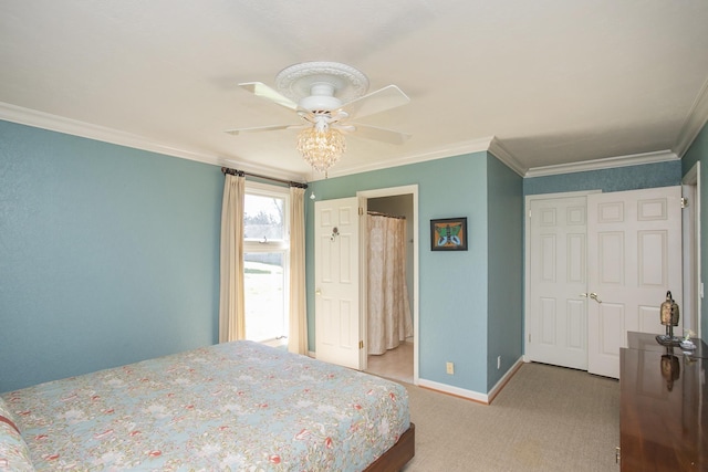 1035 Forest Harbor Dr, Hendersonville, TN 37075 - bedroom featuring crown molding, ceiling fan, a closet, light colored carpet, and baseboards
