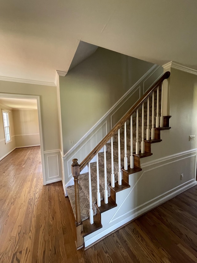 stairway with a decorative wall, wainscoting, crown molding, and wood finished floors