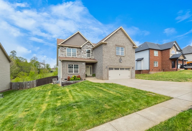 traditional home with a garage, driveway, stone siding, fence, and a front yard