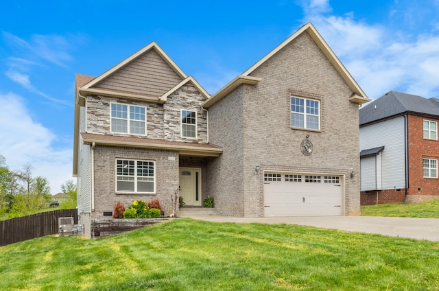craftsman-style home featuring fence, a front lawn, concrete driveway, brick siding, and a garage