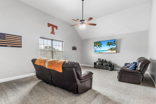 carpeted living area with high vaulted ceiling, ceiling fan, and baseboards