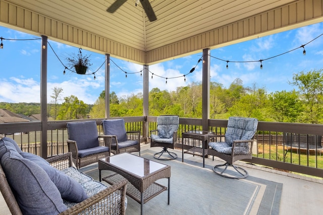 exterior space with outdoor lounge area and a ceiling fan
