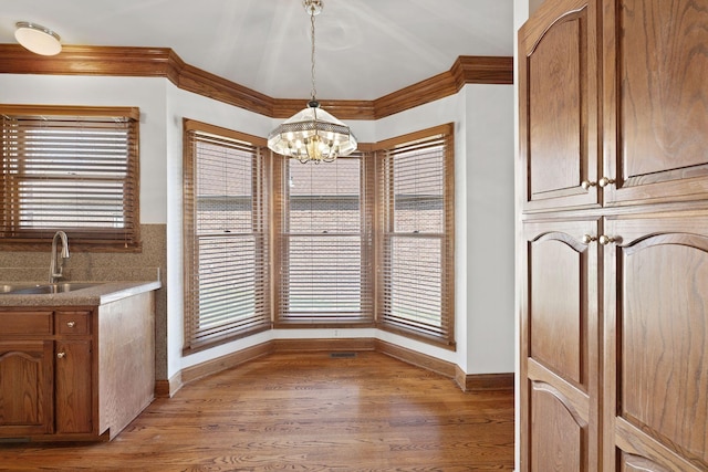 101 Christina Ct, Goodlettsville, TN 37072 - unfurnished dining area with light wood-type flooring, a chandelier, a healthy amount of sunlight, a sink, and baseboards