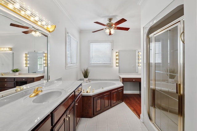 101 Christina Ct, Goodlettsville, TN 37072 - bathroom with crown molding, a ceiling fan, a stall shower, and vanity